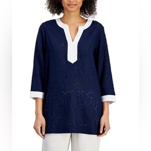 Charter Club Women's 100% Linen Eyelet‎ Embroidery Contrast-Trim Tunic 1X Blue